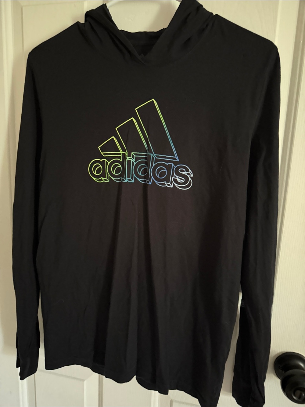 adidas Black Long Sleeve Hoodie Tee with Neon Logo